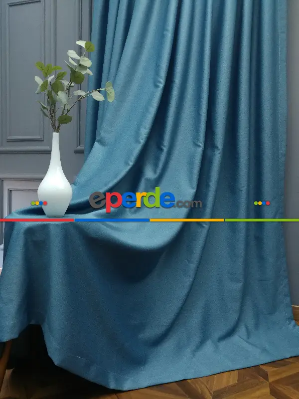 Yatak Odası - Modern Keten Görünümlü Işık Geçirmez Karatma Fon Perde 2021 Ikon- Mavi Koyu-turkuaz