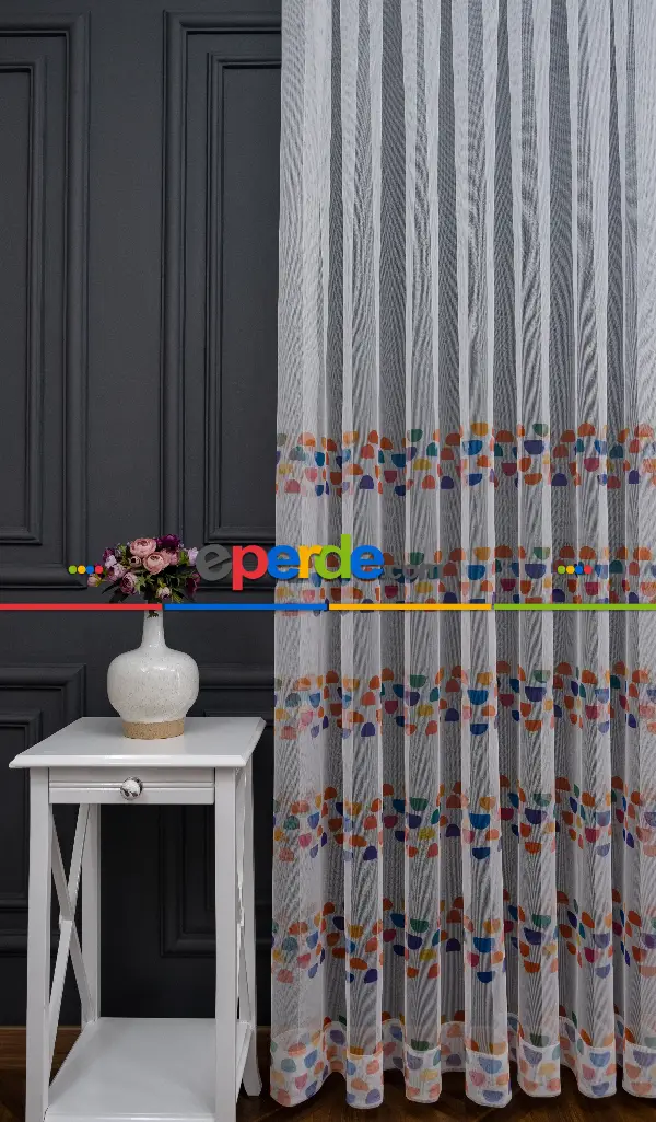 Petek Zemin Turuncu Ve Lacivert Renkli Geometrik Desenli Grek Baskılı Tül Perde