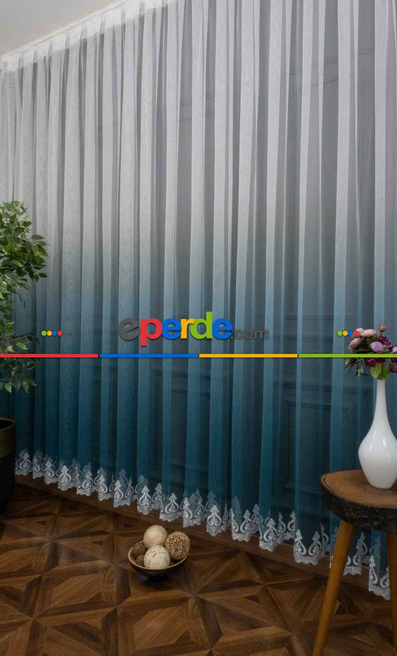 Turkuaz Etek Nakışlı Renk Geçişli Degrade Tasarım Tül Perde