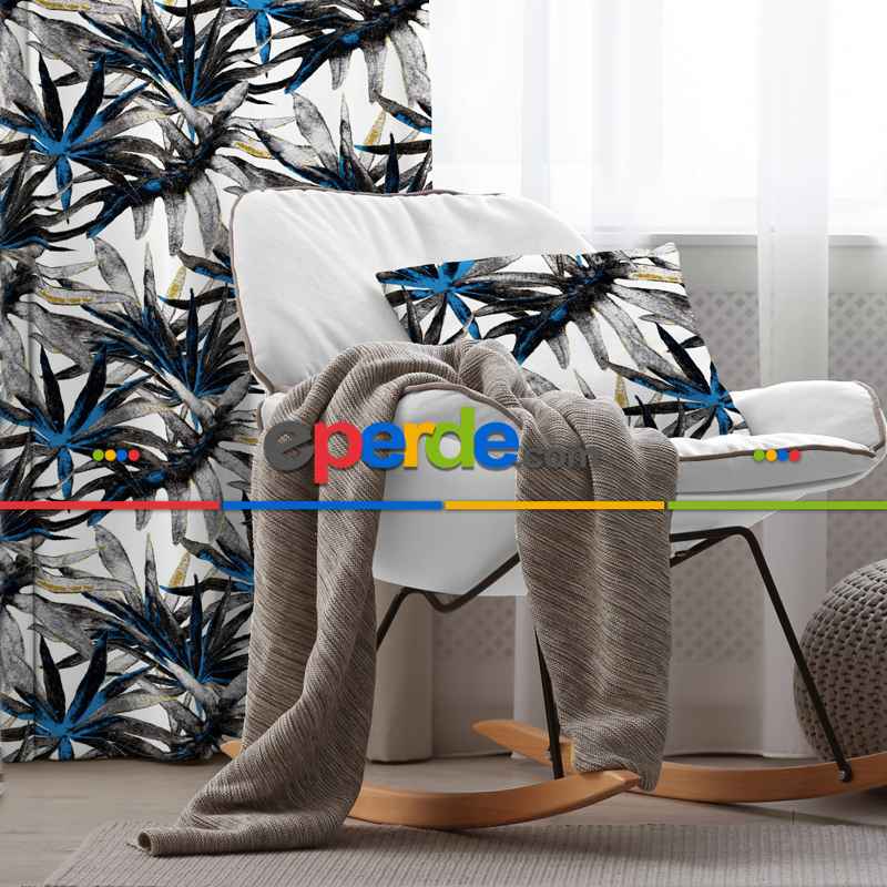 Lacivert Tropik Desenli Fon Perde Evim738 Kumaşı Kalındır Duck Bezi Değildir- Mavi-beyaz