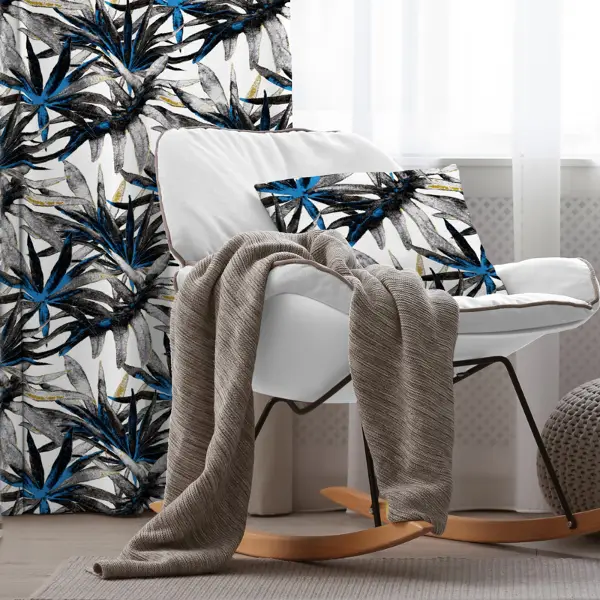 Lacivert Tropik Desenli Fon Perde Evim738 Kumaşı Kalındır Duck Bezi Değildir- Mavi-beyaz