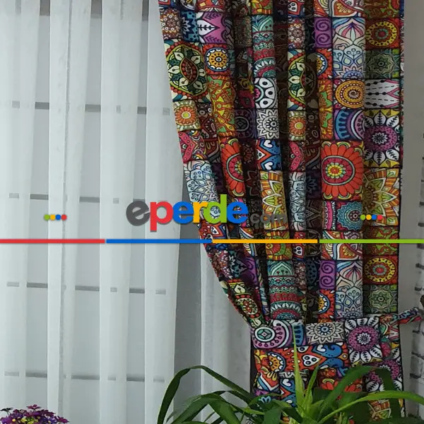 Etnik Desenli Fon Perde Evm1062 Kumaşı Kalındır Duck Bezi Değildir- Kırmızı-Pembe-Hardal Sarısı- Çok Renkli 3