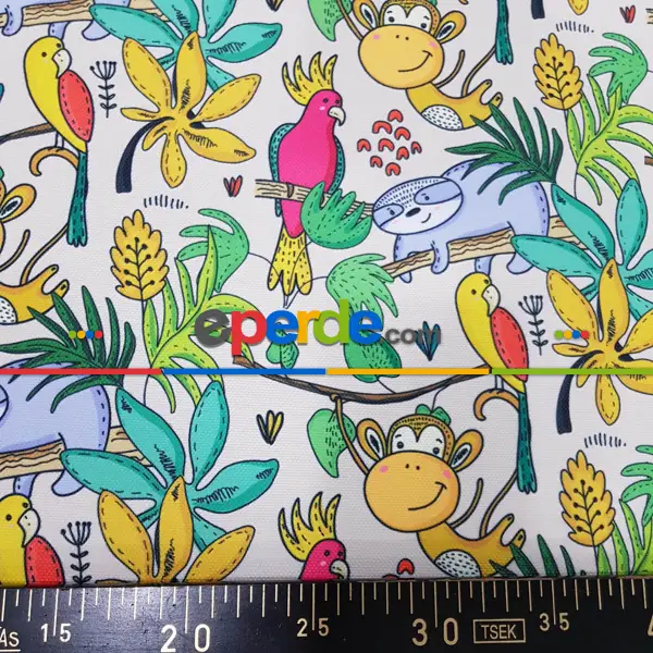 Bebek Odası Fon - Tropikal Orman Desenli Fon Perde Evm688 Kumaşı Kalındır Duck Bezi Değildir- Yeşil