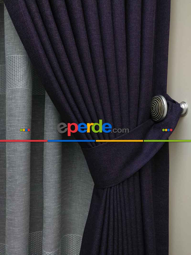 Keten Patlıcan Moru Rengi Düz Fon Perde- Mor Patlıcan Moru