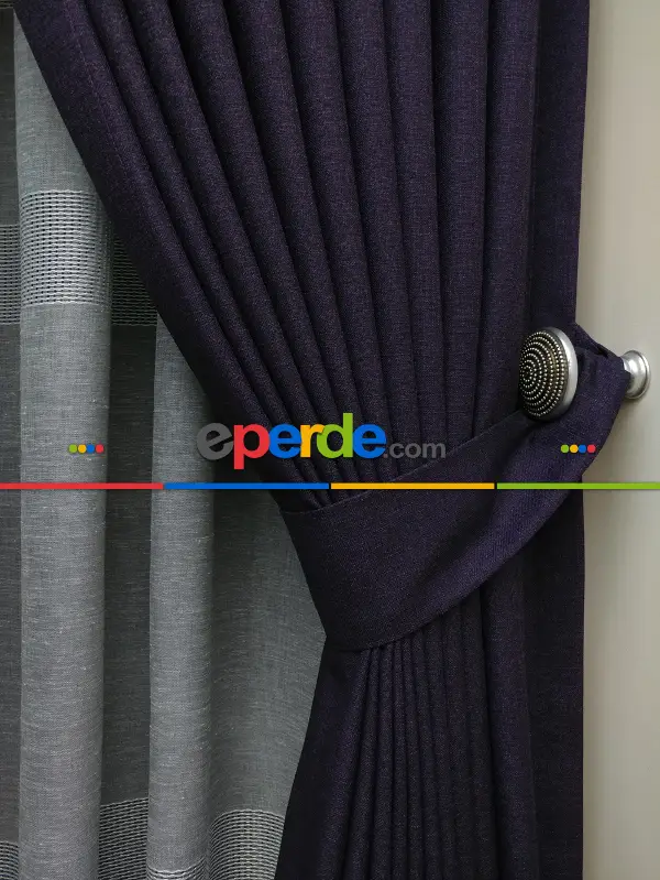 Salon Fon Perde - Keten Patlıcan Moru Rengi Düz Fon Perde- Mor Patlıcan Moru