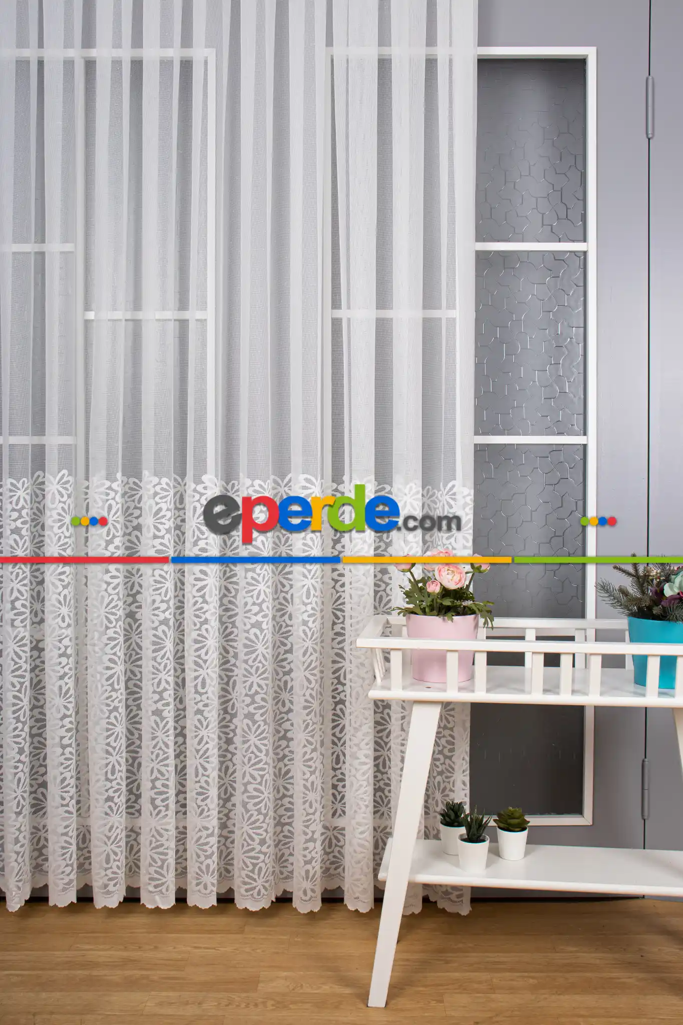 Mutfak Papatya Desenli Örme Tül Perde - Etek Ucu Desenli