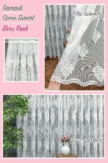 Serpme Damask Desenli Fransız Dantel Tül Perde- Ekru