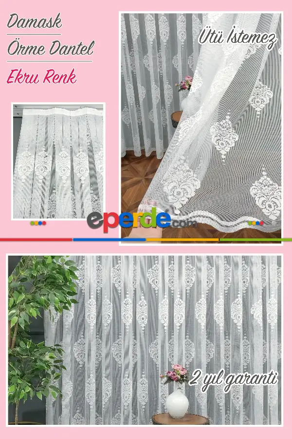 Serpme Damask Desenli Fransız Dantel Tül Perde- Ekru