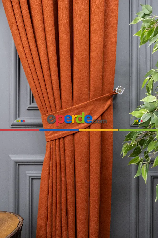 Salon - Kiremit Rengi Düz Fon Perde En  Dökümlü Fon Perde