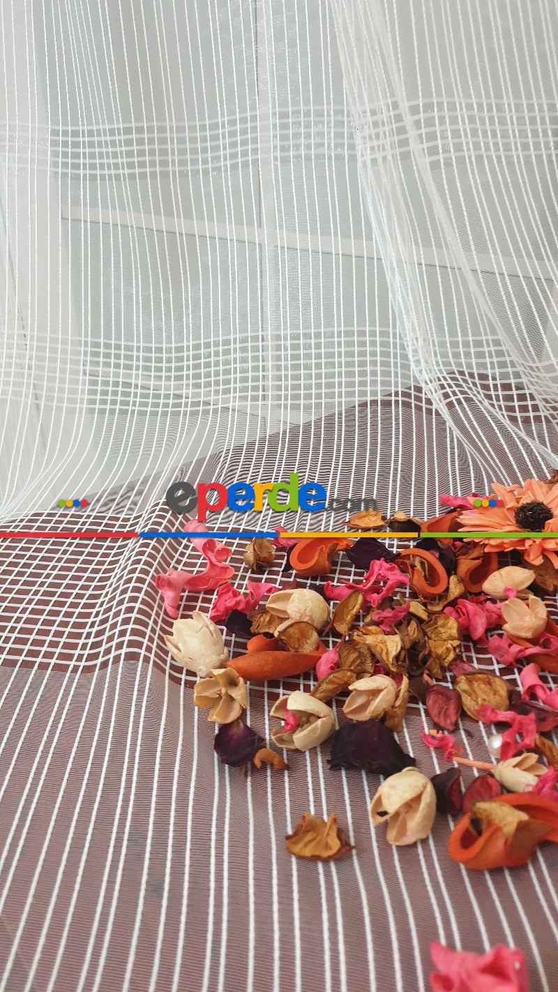 Oturma Odası - Yatay Çizgili Tül Ekose Tül Çizgi Tasarım Yeni Model Sade- Ekru