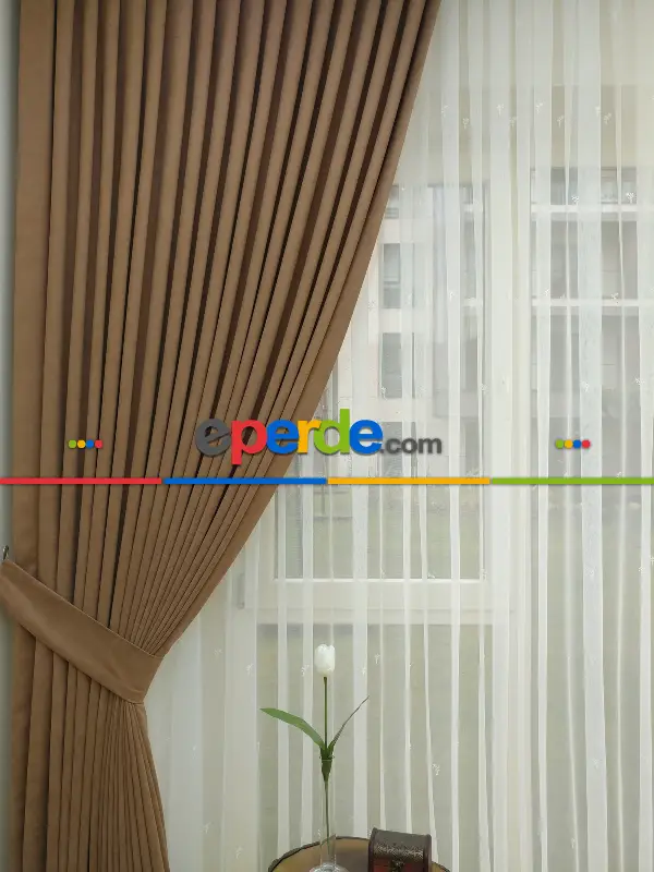 Saon Perdesi - Açık Kahve Düz Fon Perde Dökümlü Birinci Kalite 300 Cm Geniş En Daha Hesaplı- Açık Camel