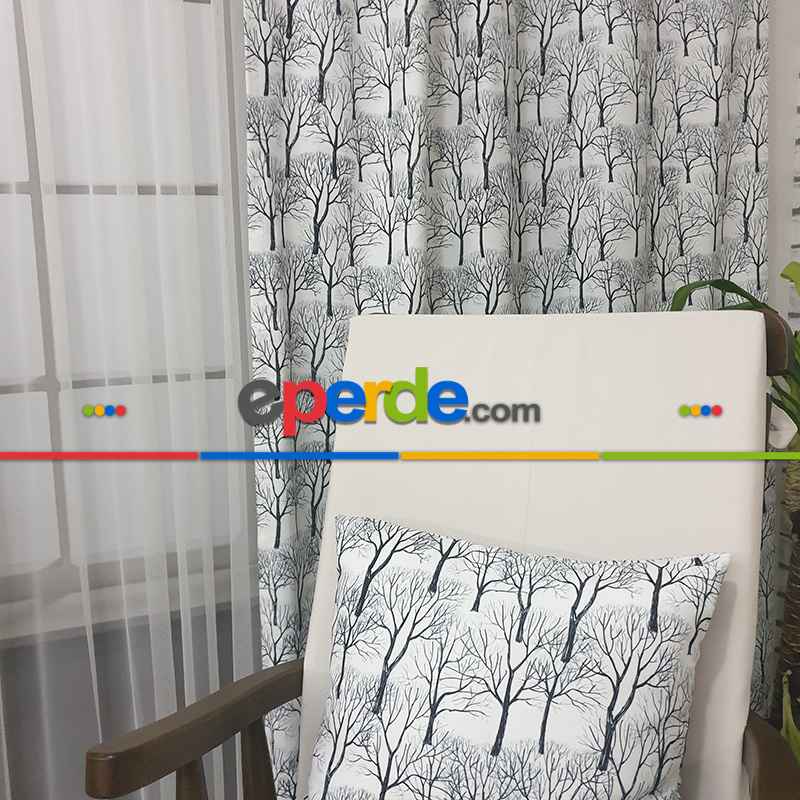 Siyah Mutfak Perdesi Kanat Fon Perde  Ağaç Desenli- Siyah