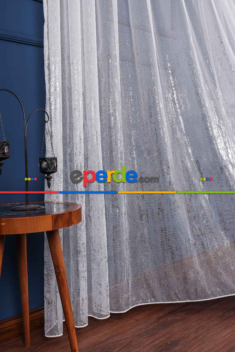 Salon Tül - Benekli Dijital Baskılı Tül Perde Ekru-gümüş