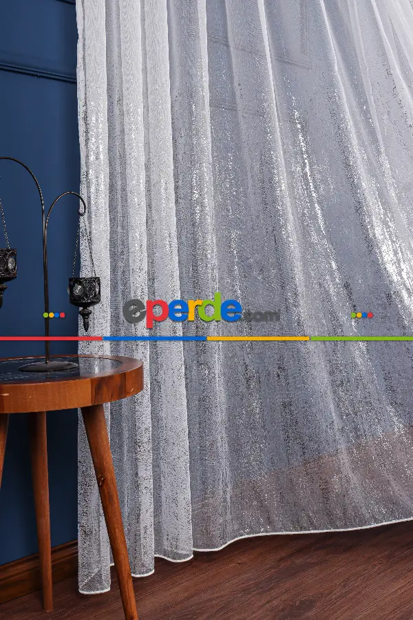 Salon Tül - Benekli Dijital Baskılı Tül Perde Ekru-gümüş