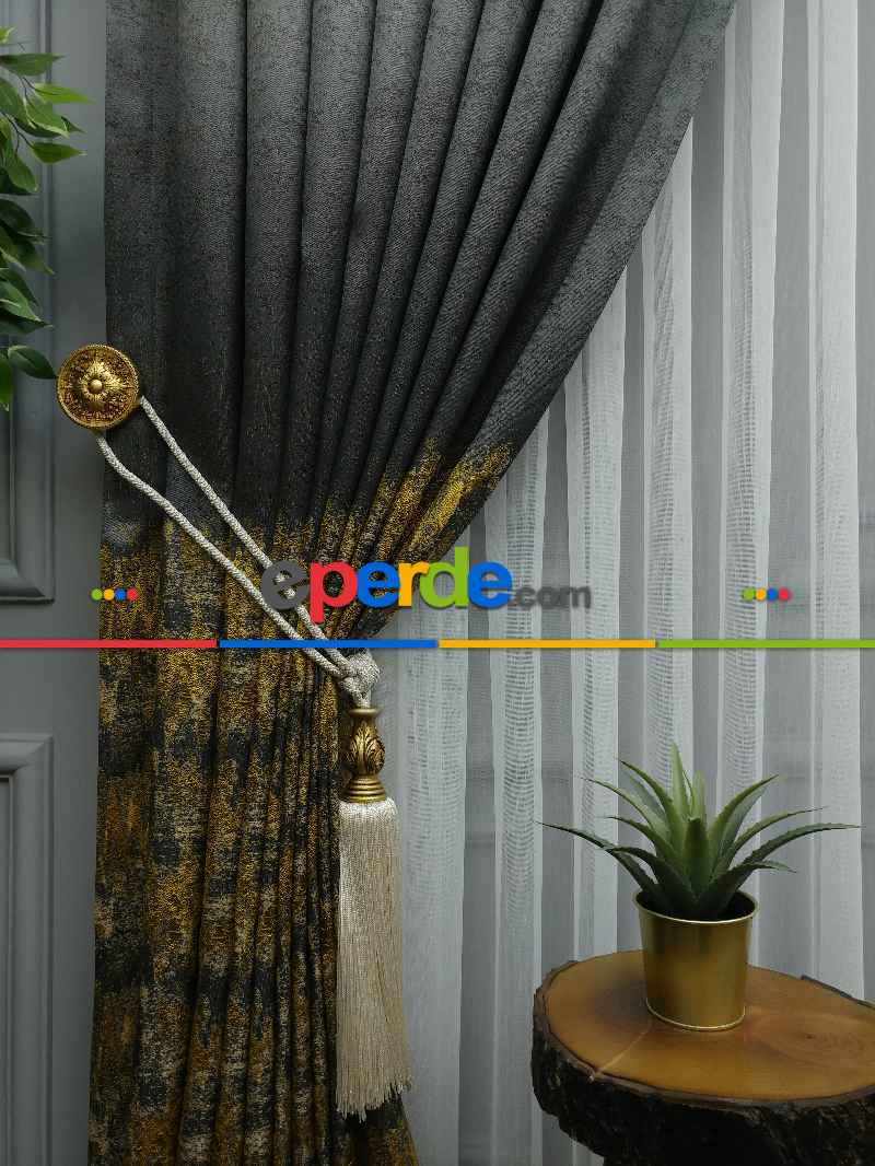 Patinedesenli Hardal Jakar Fon Perde (180)- Hardal