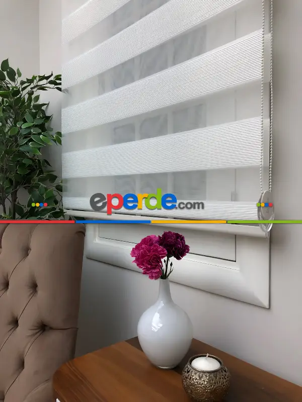 Ekru Renk, Yüksek Kalite İnce Plise Zebra Perde - Kornişe Kolay Montaj Ayağı Seçenekli - Standart Metal Kasalı