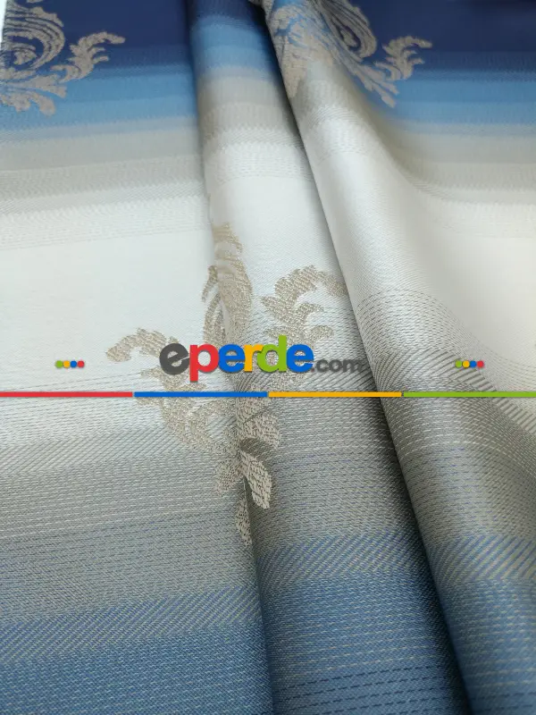 Renk Geçişli Jakar Desenli Salon Fon Perdesi - Lacivert - Mavi - Bej- Lacivert-mavi-bej