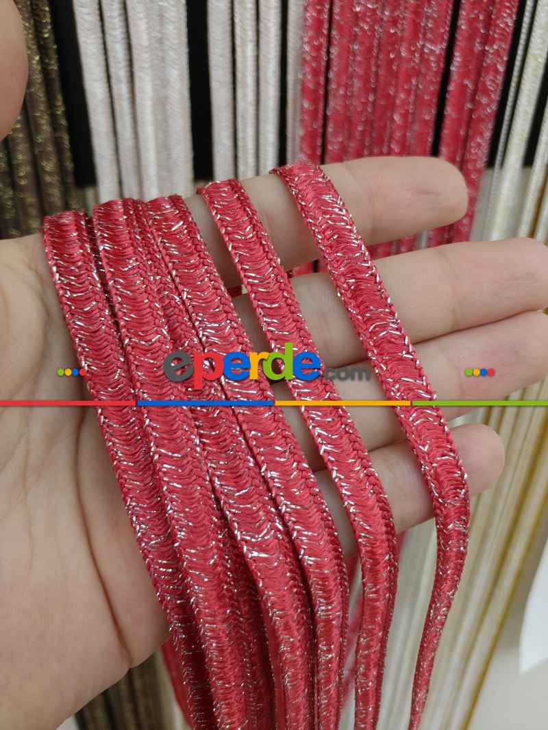 Kırmızı Rengi İp Perde İpek Koza Serisi- Kırmızı-gümüş