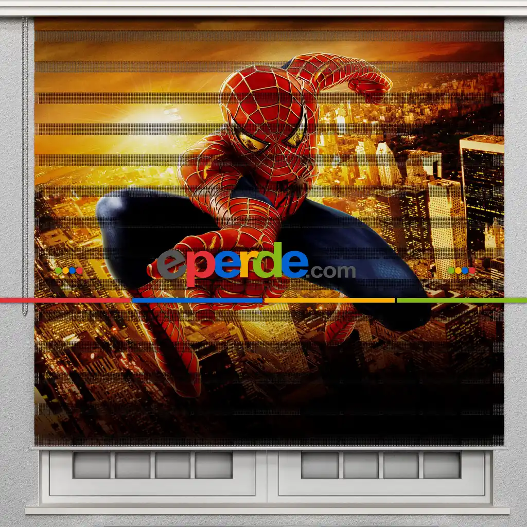 Çocuk Odası - Spiderman Örümcek Adam Poster Baskılı Zebra Perde- Lacivert