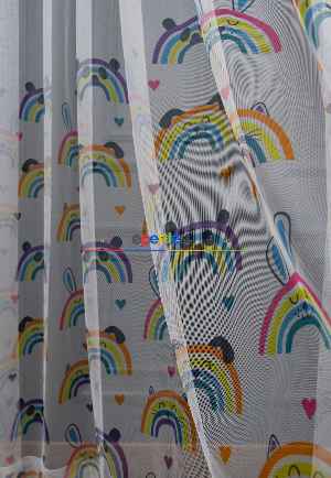 Hazır Ölçülü Petek Zemin Sarı - Pembe Renkli Gökkuşağı Ve Sevimli Hayvanlar Desenli Grek Baskılı Tül Perde