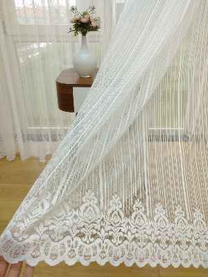 Etek Ucu Desenli Boyuna Çizgili Dantel Tül Perde- Ekru