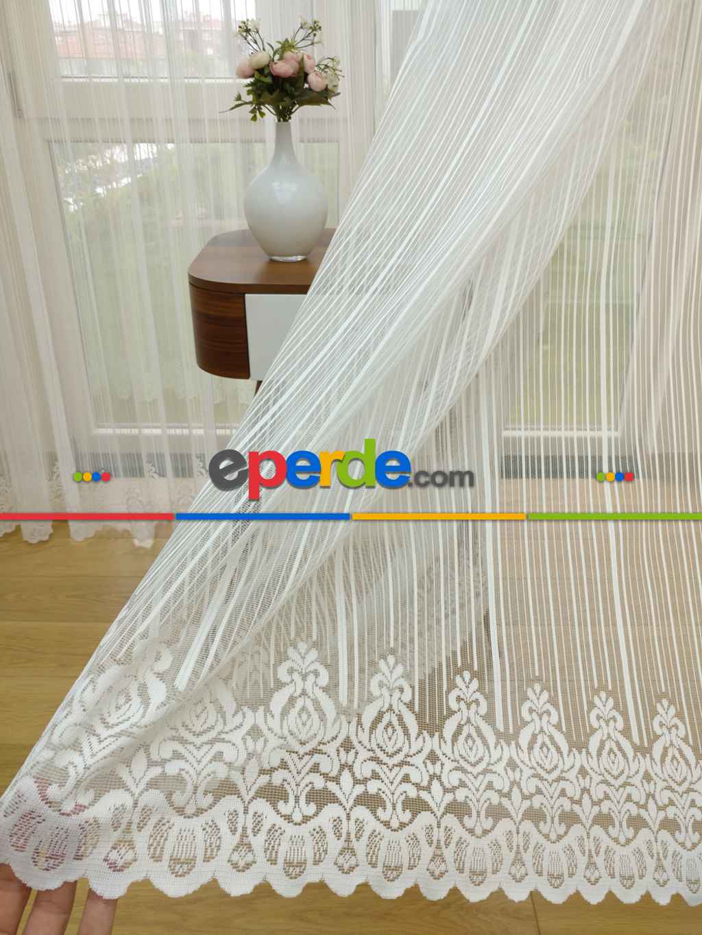 Etek Ucu Desenli Boyuna Çizgili Dantel Tül Perde- Ekru