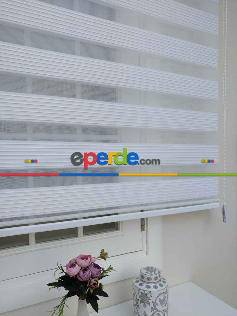 Oturma Odası - Beyaz Geniş Düz Plise Zebra Perde-wide Pile- Beyaz