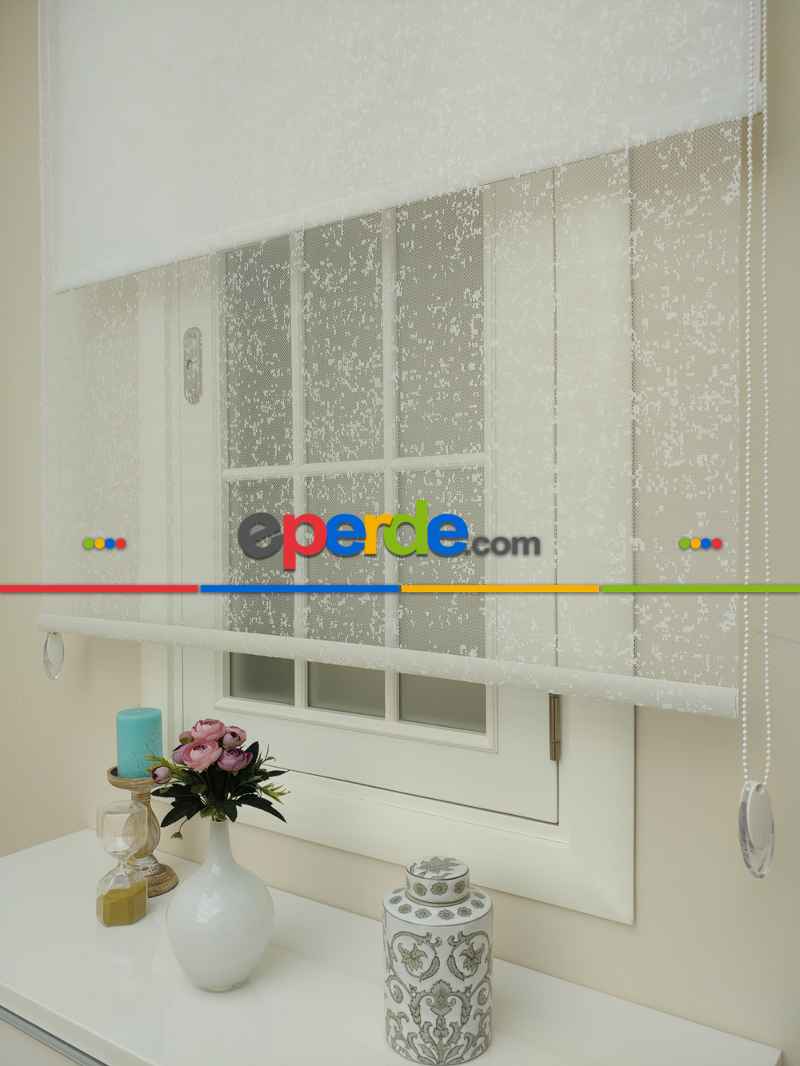 Mutfak - Jakar Örme Tül- Ekru Çiftli Sistem Dantel Desenli Perde- Ekru