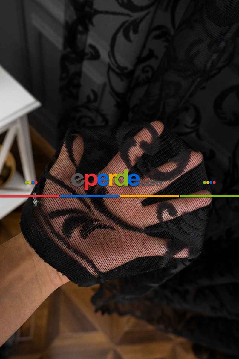 Sarmaşık Şal Desen Siyah Renk Desen Tasarım Tül Perde