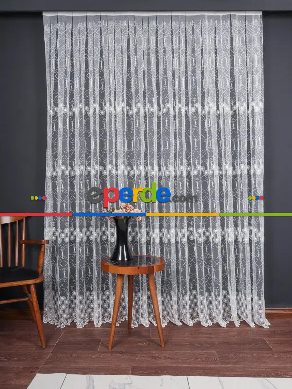 Şeritli Papatya Nakış İşlemeli Brode Tül Perde