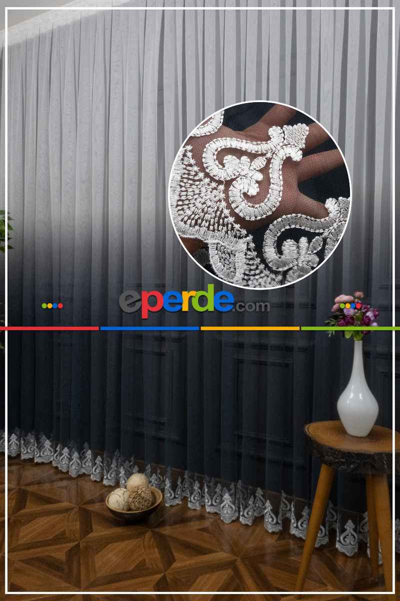 Antrasit Gri Renk Geçişli Etek Nakışlı Degrade Tasarım Tül Perde