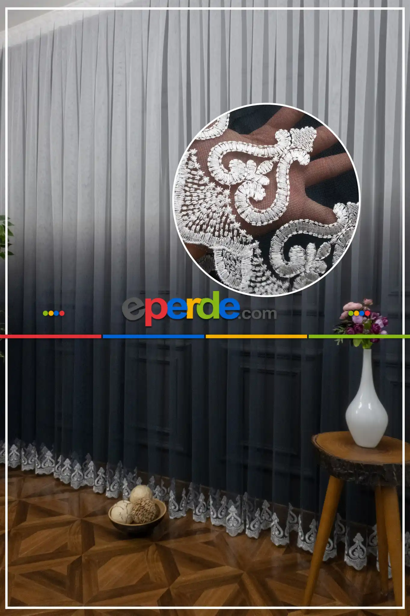 Antrasit Gri Renk Geçişli Etek Nakışlı Degrade Tasarım Tül Perde