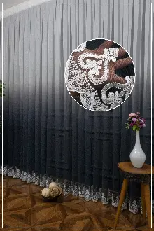 Genç Odası - Koyu Lacivert Renk Etek Nakışlı Degrade Geçişli Tül Perde- Petrol Mavisi