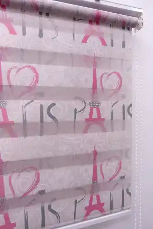 Çocuk Odası - Kalpli Paris Desen Zebra Perde- Menekşe Kırmızı