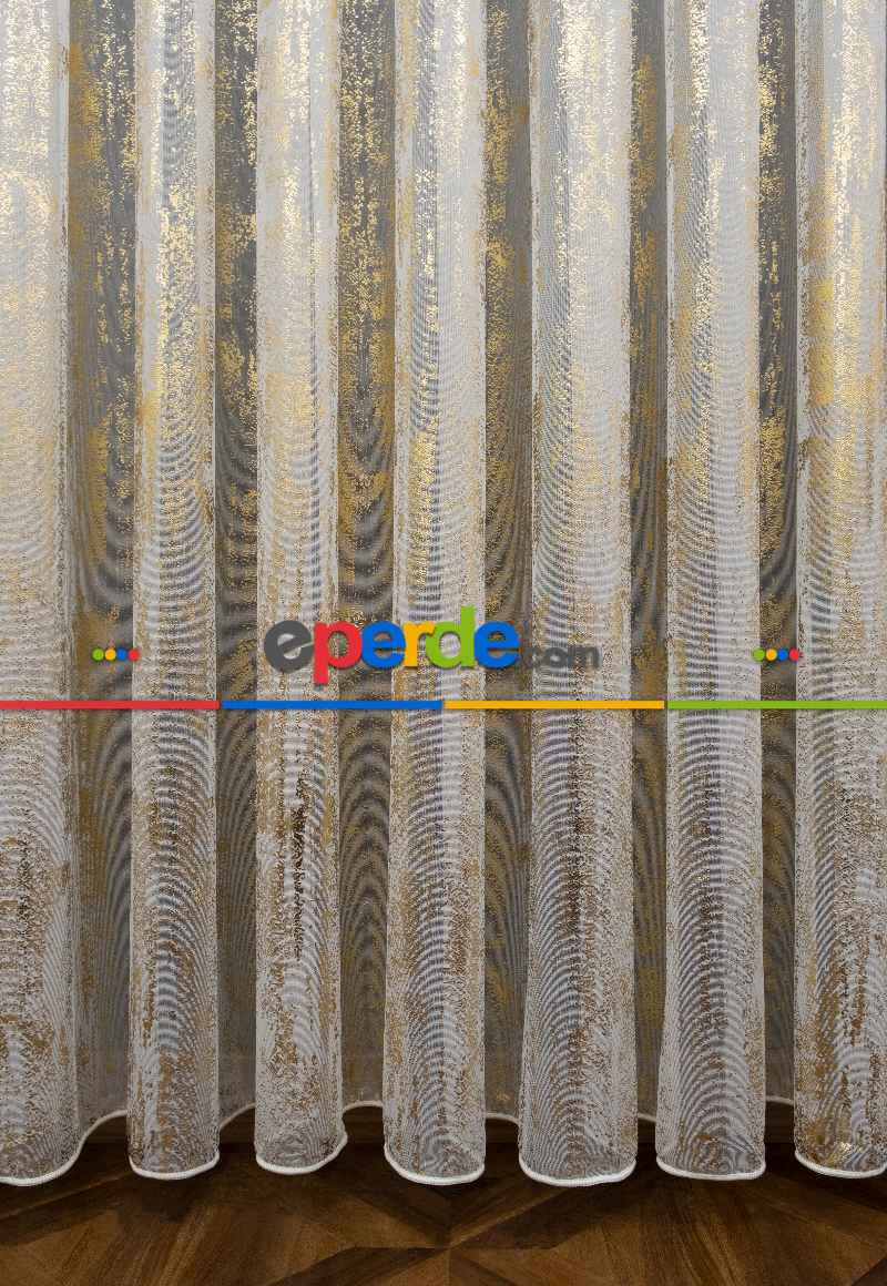 Yatak Odası - Modern Altın Varaklı Keten Tül Perde Yüksek Kalite