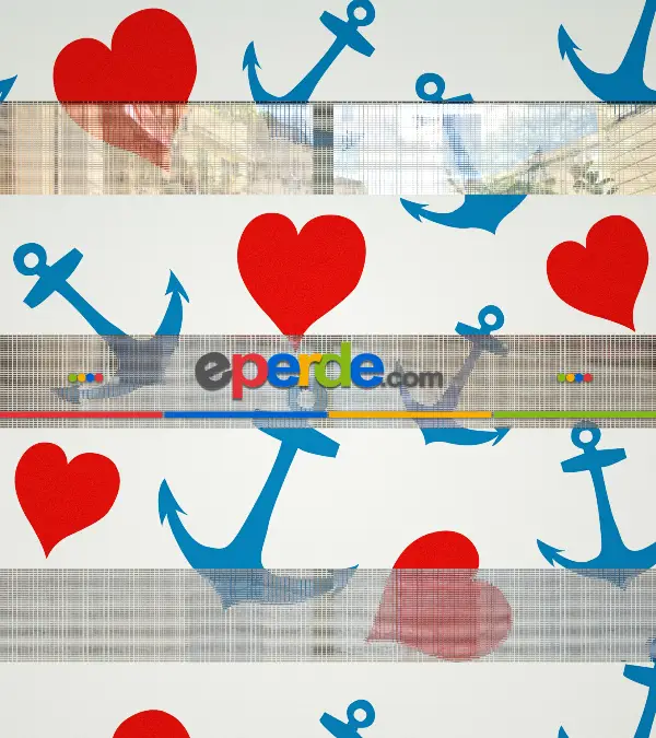 Bebek Odası Zebra Perde - Kalp Ve Çapa Baskılı Zebra Perde- Mavi-Kırmızı-Beyaz