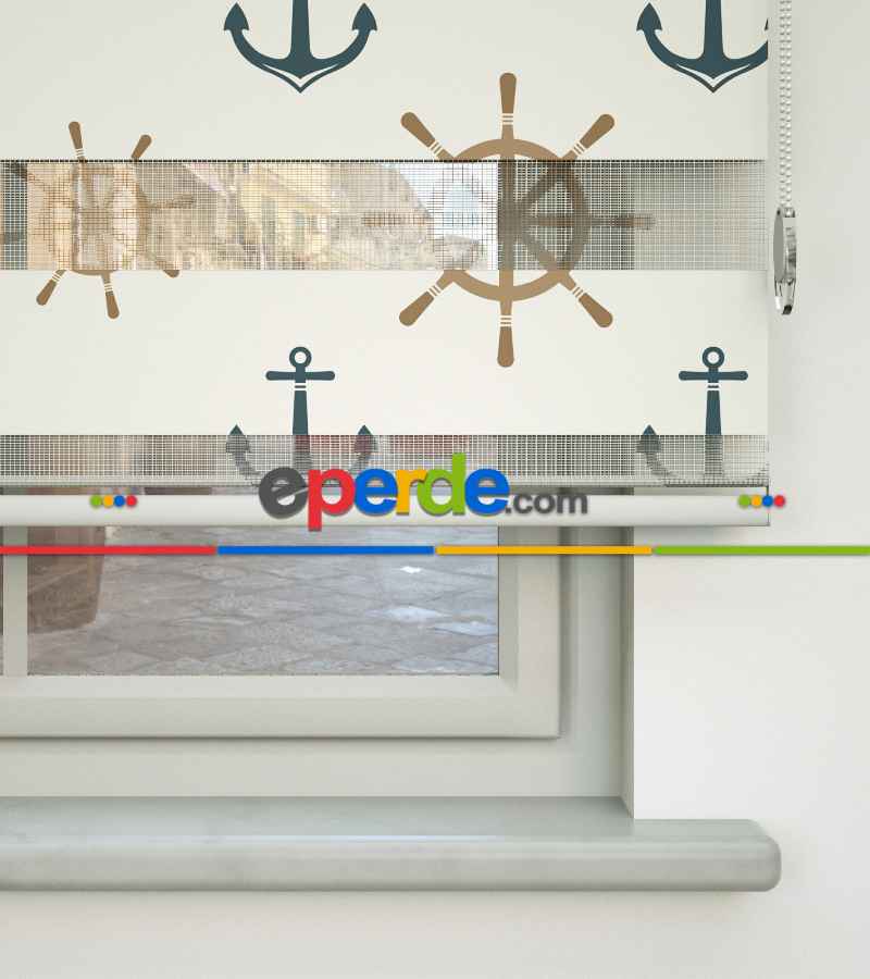 Bebek Odası Zebra Perde - Denizci Desen Baskılı Zebra Perde- Çok Renkli