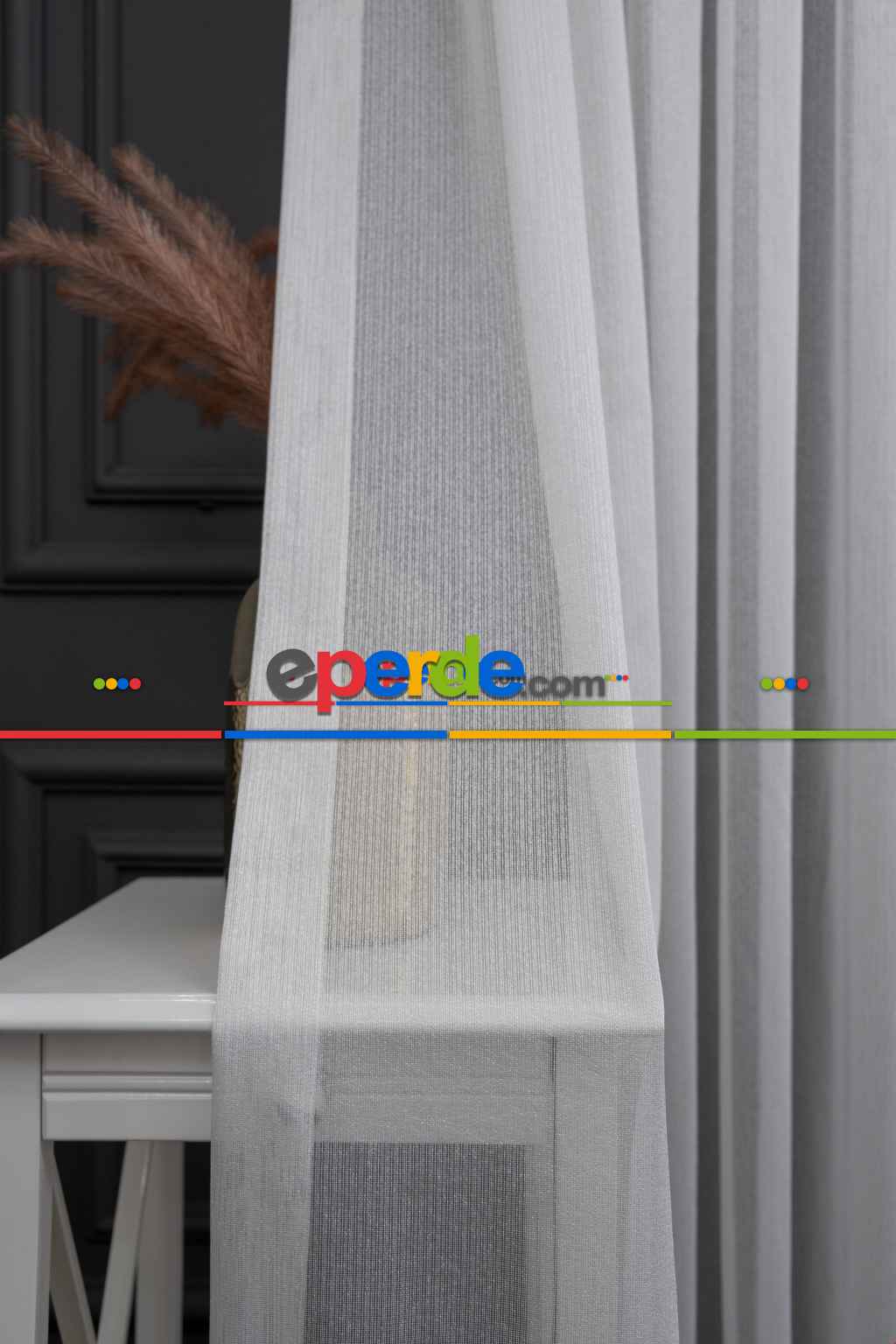 Ekru Çizgili Düz Tül Perde ( Ütü İstemez)