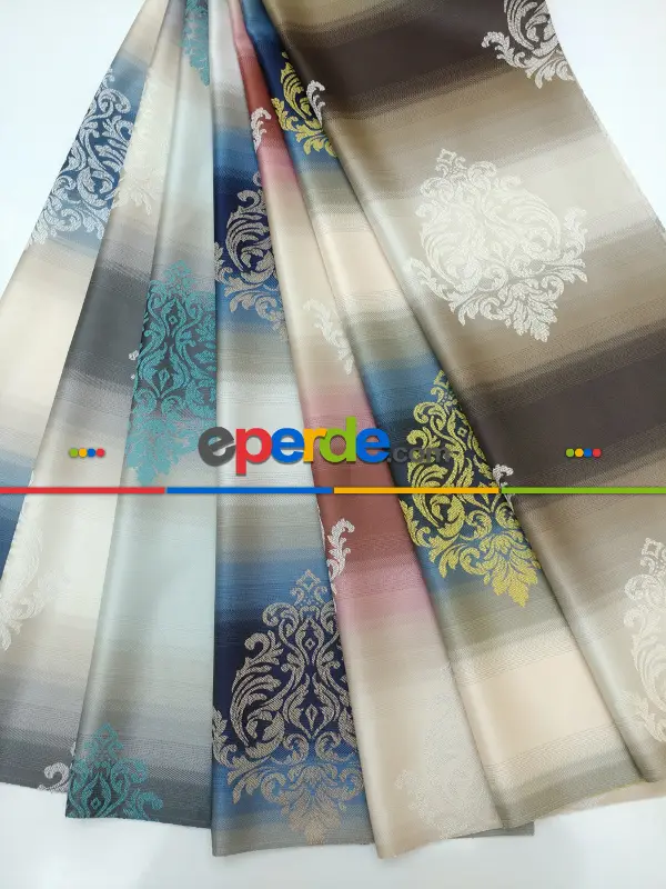 Renk Geçişli Jakar Desenli Salon Fon Perdesi - Lacivert - Mavi - Bej- Lacivert-mavi-bej