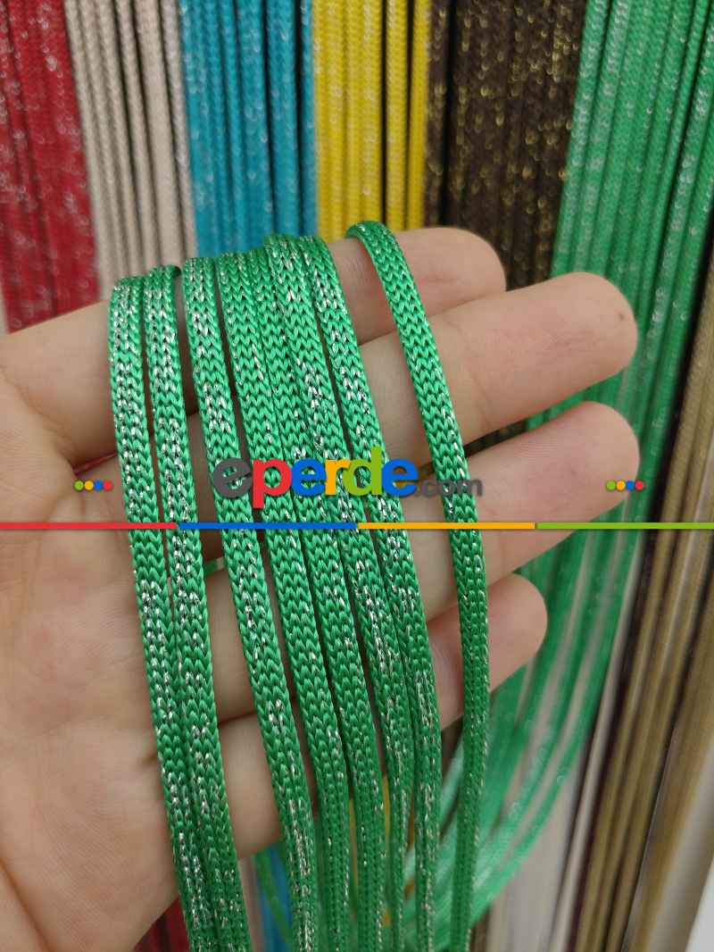 Yeşil Rengi Simli İp Perde Jumbo Zincir Serisi- Yeşil-gümüş