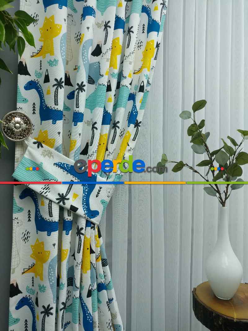 Erkek Çocuk ve Bebek Odası Fon Perde - Dinazor Desenli - Mavi Sarı