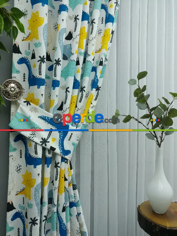 Bebek Odası Fon - Dinazor Desenli Fon Perde Evm499 Kumaşı Kalındır Duck Bezi Değildir- Mavi-Sarı