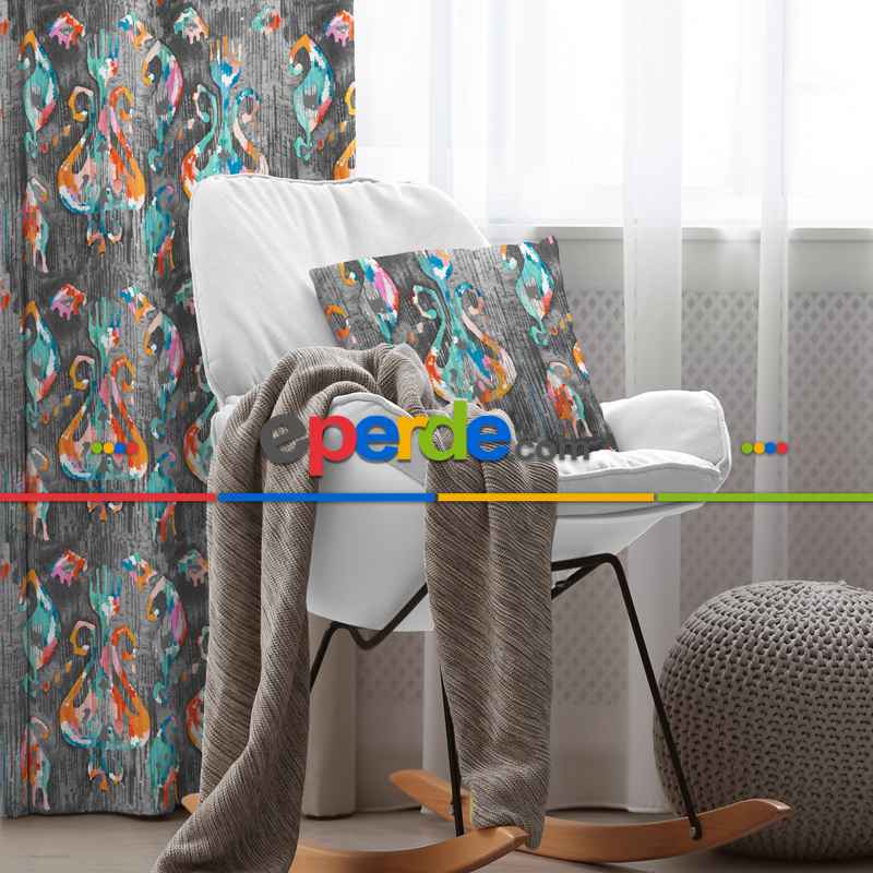 İkat Etnik Desenli Fon Perde Evim245 Kumaşı Kalındır Duck Bezi Değildir- Mavi-beyaz