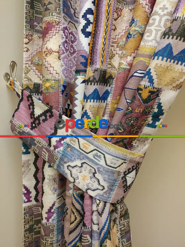 Kilim Desenli Süet Görünümlü Kalın Kumaş Fon Perde- Yeşil-pembe-mint