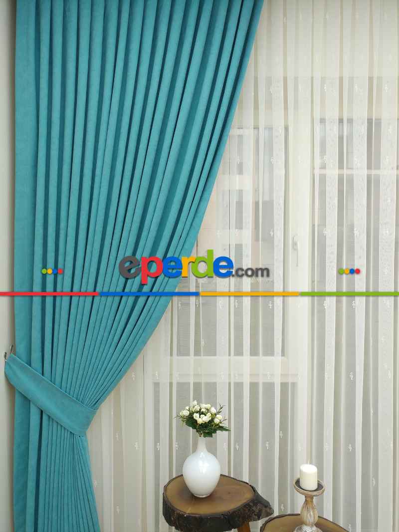 Açık Petrol Düz Sade Fon Perde Dökümlü ( Dökümlü Fon )- Petrol Mavisi