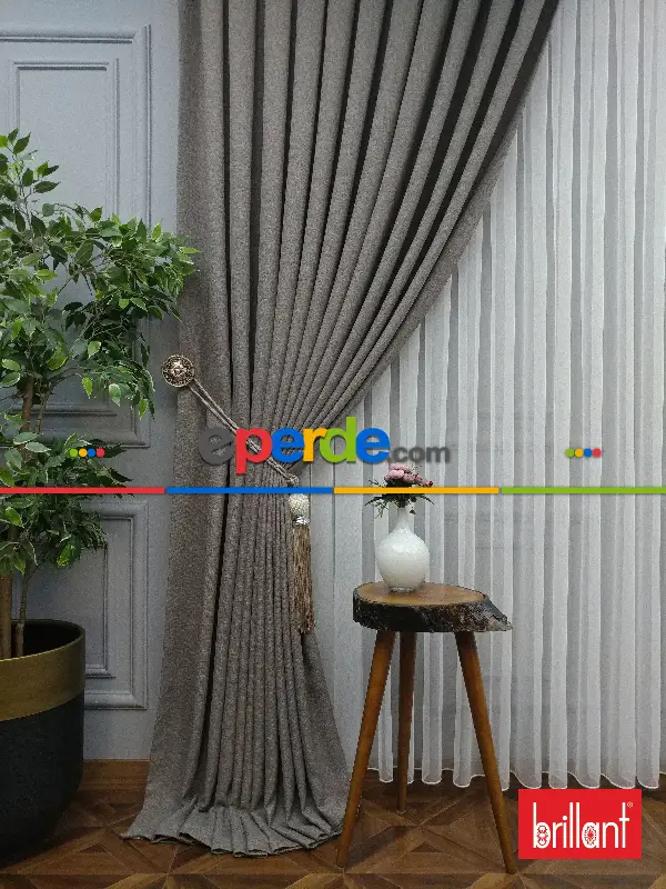 Salon Fon - Brillant Keten Açık Vizon Renk Düz Fon Perde - Açık Vizon