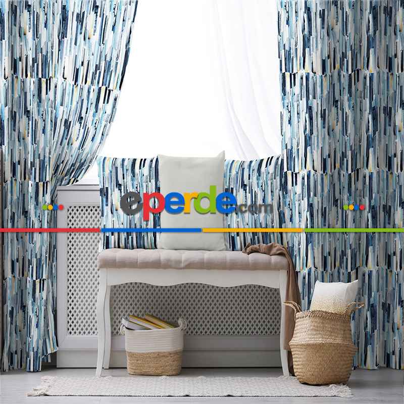 Mavi Desenli Fon Perde Evim218 Kumaşı Kalındır Duck Bezi Değildir- Mavi-beyaz