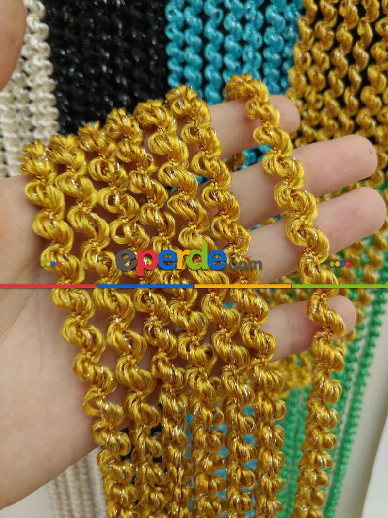 Mutfak İp Perde - Altın Rengi İp Perde Duble Bukle Serisi- Sarı-gümüş