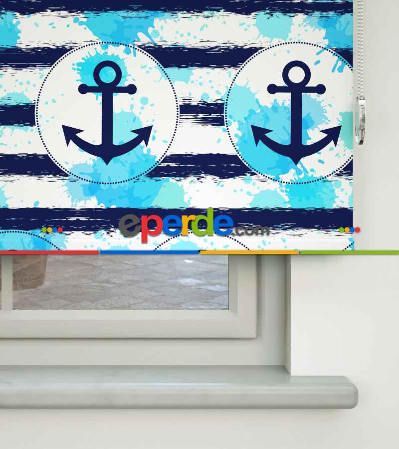 Çapa Desenli Baskılı Stor Perde- Lacivert-mavi