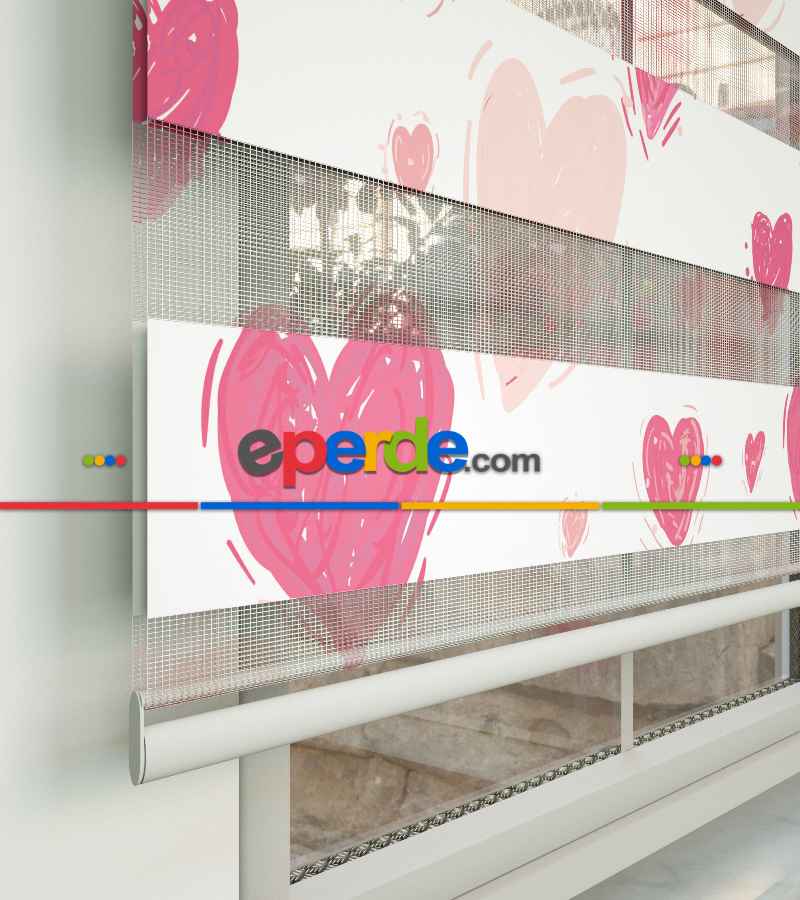 Kalp Desenli Baskılı Zebra Perde- Çok Renkli